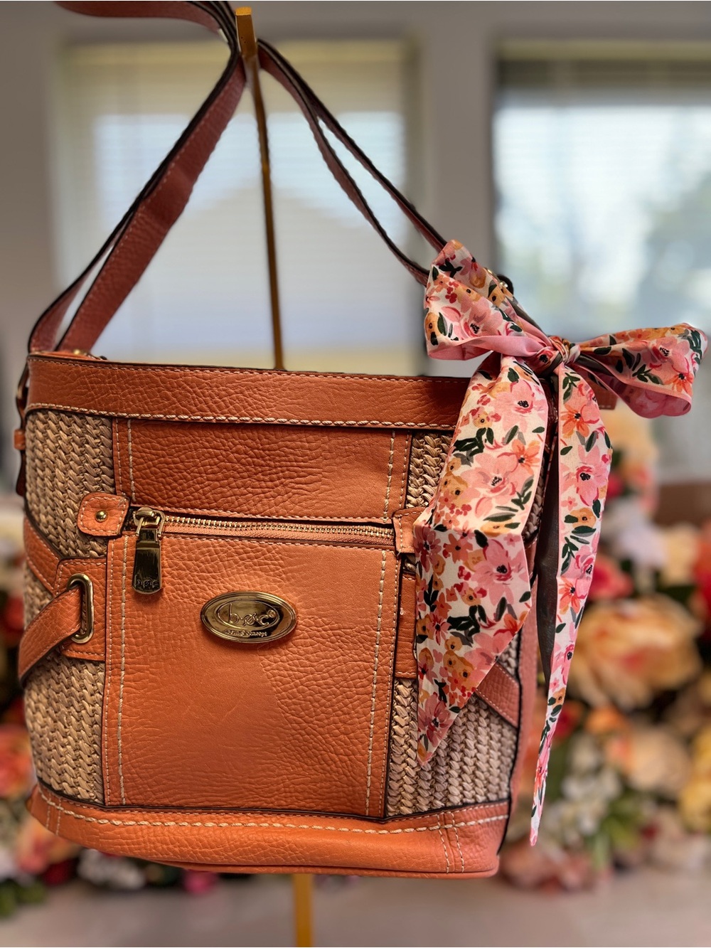 b.ø.c Born Concept Woven Straw & Faux Leather Crossbody Bag Tan